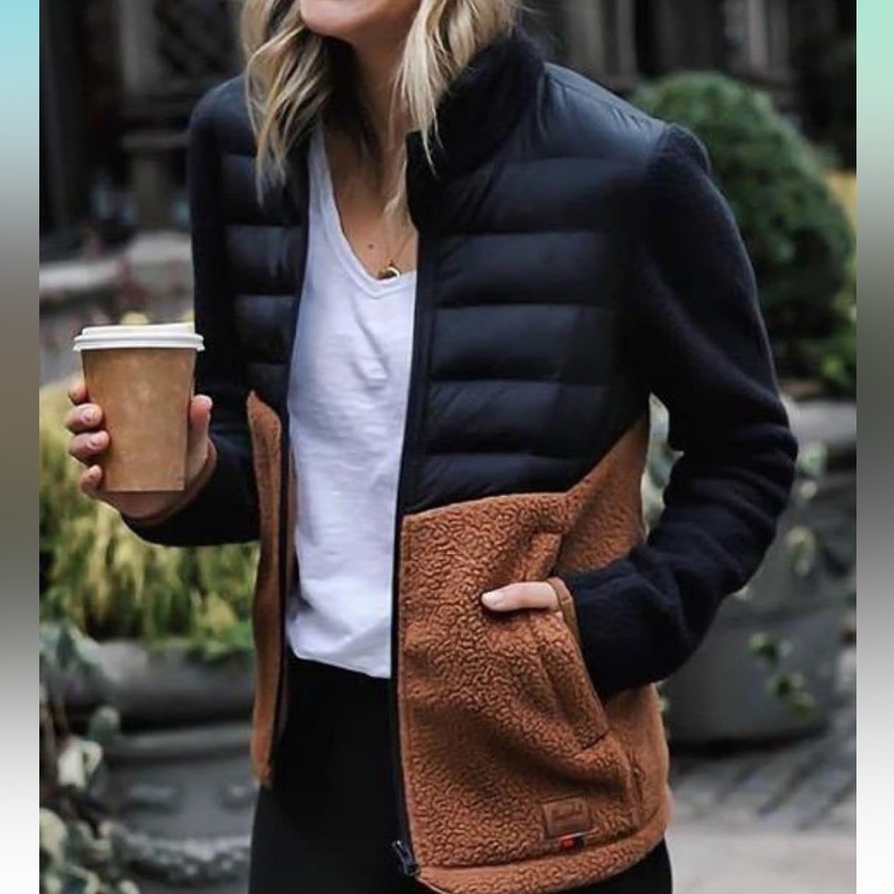 Womens Patchwork Fleece Qulited Puffer Jacket Stand Collar Long Sleeve Zipper
